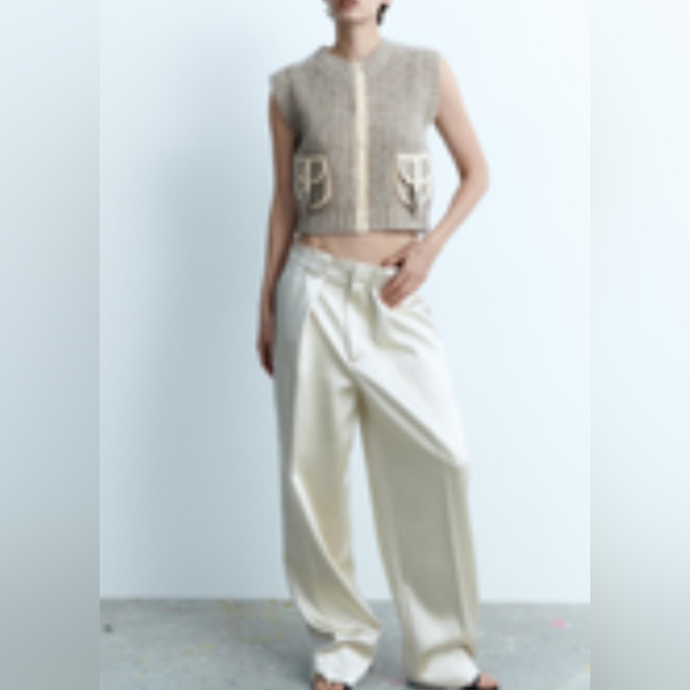 ZARA Wool Blend Beige Marl Knit Vest Pocket Detail | Textured Sleeveless Layer